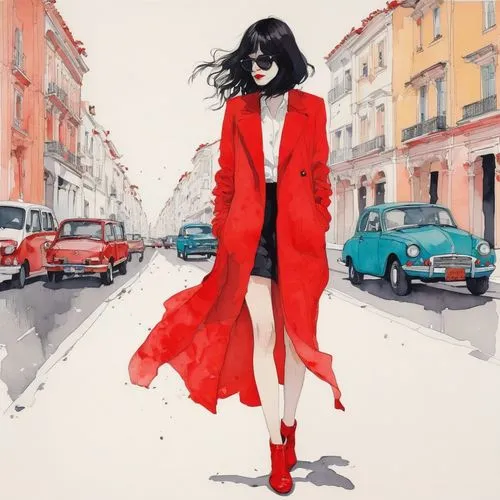 fashion illustration,man in red dress,lady in red,red coat,woman walking,watercolor paris shops,watercolor paris,red cape,pedestrian,fashion sketch,red shoes,watercolor paris balcony,a pedestrian,girl walking away,rouge,cruella de ville,woman shopping,long coat,lollo rosso,fashion street,Illustration,Paper based,Paper Based 19