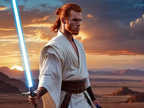 Red-headed Jedi, powerful muscular male, strong facial features, intense gaze, red hair tied back in a ponytail, white robes with brown belts, holding a blue lightsaber, standing heroically, sunset ba