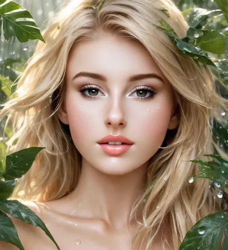 blonde, beautiful, walking between jungle branches, flowers and fronds, in a bikini. Wet. Misty. Gorgeous. Luscious lips. Droplets of water on her face.,natural cosmetic,natural cosmetics,romantic loo