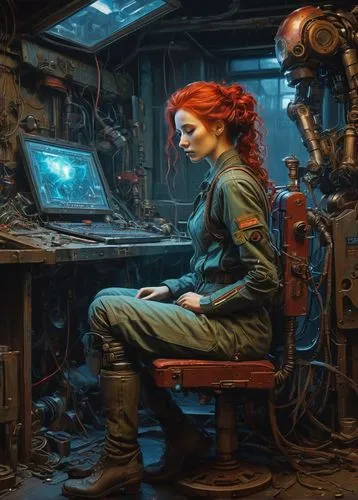 girl at the computer,transistor,asuka langley soryu,planescape,cyberpunk,computer room,Illustration,Abstract Fantasy,Abstract Fantasy 07