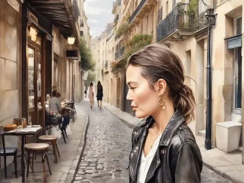 paris clip art,parisienne,girl walking away,parisian,paris shops,cobblestoned,paris,alycia,french digital background,parisian coffee,parisii,ponytail,city ​​portrait,marzia,chignon,parisiennes,woman walking,hadid,the cobbled streets,narrow street,Digital Art,Watercolor