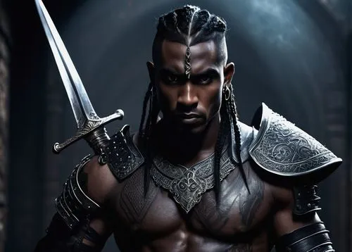 warlord,male character,black warrior,dark elf,swordsman,moor,shiva,warrior east,mohawk hairstyle,the warrior,african american male,biblical narrative characters,black male,krad,fantasy warrior,male elf,female warrior,barbarian,lord shiva,daemon,Art,Classical Oil Painting,Classical Oil Painting 07