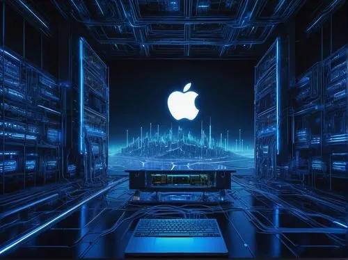 Mac OS architecture, futuristic digital realm, metallic silver framework, glowing blue circuits, intricate motherboard patterns, CPU towers, RAM palaces, Hard Drive castles, wires resembling a neural 