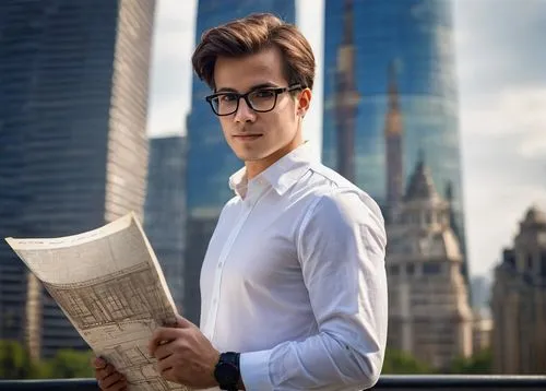 Male architect, 25-30 years old, elegant posture, black-rimmed glasses, short brown hair, light stubble, white shirt, rolled-up sleeves, dark blue jeans, leather belt, black dress shoes, holding a lar