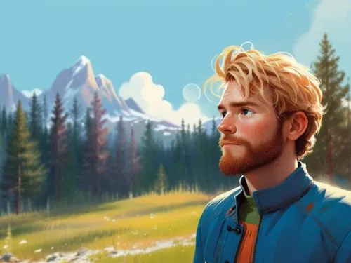 a 2d drawing, vector style of a 30 year old man. He has brown hairs and a brown beard,a man looks into the distance in a painting,denali,bunyan,kjellberg,world digital painting,felix,landscape backgro