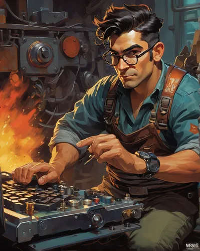 mechanic,car mechanic,auto mechanic,bicycle mechanic,repairman,engineer,technician,watchmaker,blacksmith,steelworker,gunsmith,fish-surgeon,craftsman,scrap dealer,ironworker,welder,metal lathe,game illustration,gas welder,tinsmith,Conceptual Art,Oil color,Oil Color 04