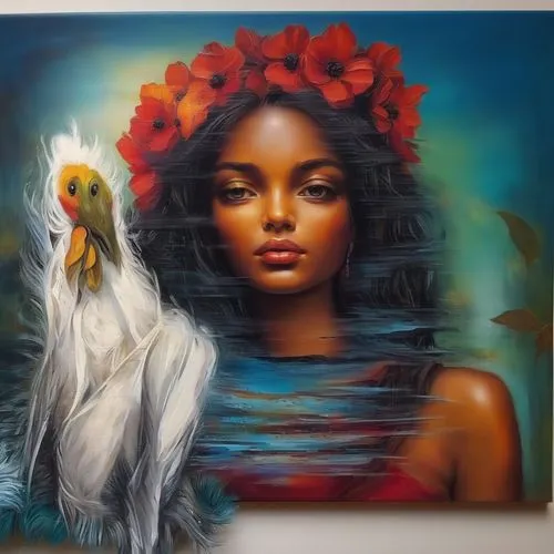 

,oil painting on canvas,polynesian girl,moana,oil on canvas,mural,indigenous painting,wall art,girl in flowers,meticulous painting,bird of paradise,frida,polynesian,flower painting,art painting,flor