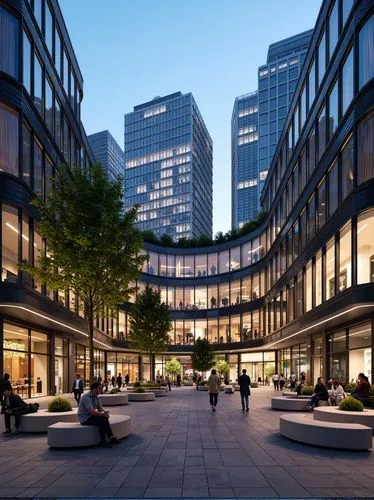 Photograph of a modern urban plaza at dusk featuring a multi-level building with extensive glass facades,integrated greenery,and outdoor seating areas. The plaza is bustling with activity,with pedestr