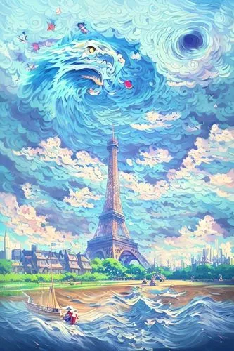 french digital background,jet d'eau,studio ghibli,panoramical,paris,waterscape,water lotus,background image,submerged,world digital painting,sky tree,lagoon,acid lake,薄雲,cartoon video game background,