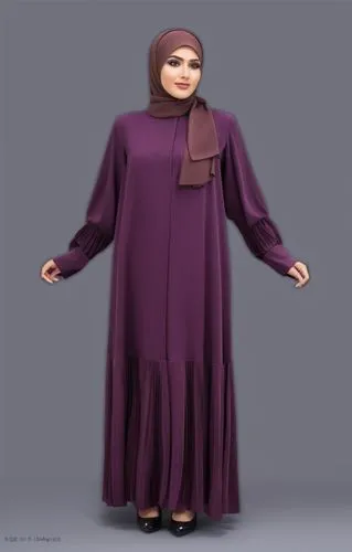 3d fashion drawing for Muslim hejab long maxi dark eggplant dress with pelisse and many plated on the end  of dress.with plated on the dress with pelisse  and plated with shoes with with dark eggplant