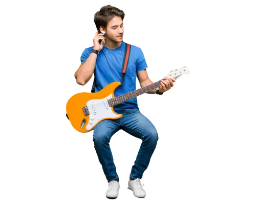 Music notes, headphones, microphone, English lyrics, songbook, guitar, musical instruments, solo artist, young adult, casual wear, jeans, t-shirt, sneakers, relaxed posture, leaning against wall, soft