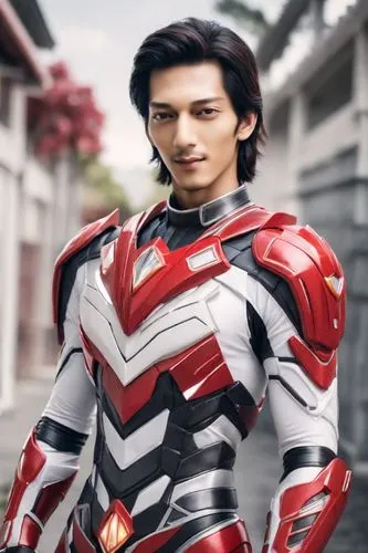 power rangers merah, background taman kota, rambut panjang di ikat, , lagi memegang helm,an image of a man in armor looking at the camera,ultraman,ryuki,dekaranger,kuuga,gaim,zodiarts,Photography,Natu