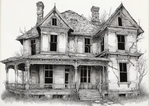 Depict a hauntingly beautiful pencil drawing of a dilapidated abandoned house.,abandoned house,house drawing,the haunted house,haunted house,creepy house,old home,old house,witch's house,victorian hou