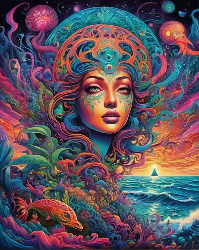 Imagine an uninhabited island cursed with supernatural creatures.,psychedelic art,mother earth,andromeda,pachamama,medusa,aquarius,astral traveler,mantra om,yogananda,coral swirl,lsd,fantasia,colorful