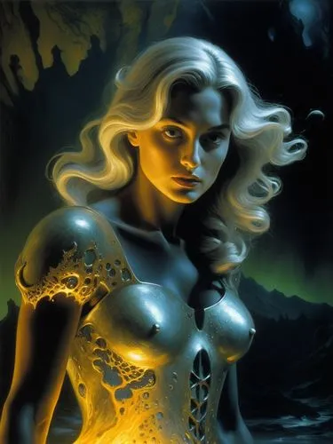 molten forest by dali and escher in quicksilver and ferrofuid splashes, Minimalism in a Negative Artistic Space,an image of a woman in yellow and black,fantasy woman,fantasy art,tanith,neon body paint