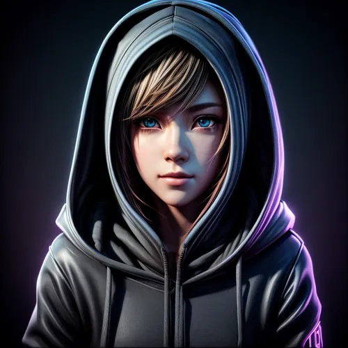 A Realistic beautyfull girl face wearing hoody in cyberpunk style, 4K.,hoodie,edit icon,portrait background,custom portrait,twitch icon,download icon,life stage icon,hooded,nora,assassin,raven rook,ga