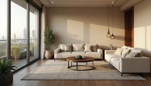 Elegant living room, comfortable sofas, warm beige walls, dark wood flooring, modern minimalist coffee table, sleek metal legs, stylish pendant lamps, natural fiber rugs, greenery accents, floor-to-ce