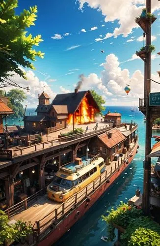 燃燒的房子,an animated, scenic scene of a large boat entering a lake,butka,popeye village,yamatai,houseboats,seaside resort,harborfront