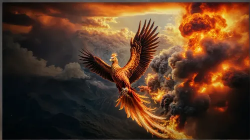 phoenix bird of fire in mid flight flying over the world from a neculear explosion mushroom cloud of gasses and fire balls,fire background,phoenix,firebirds,firebird,fire birds,gryphon,dragon fire,con