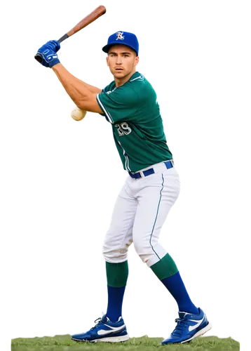 baseball player, male, athletic build, wearing baseball uniform, white jersey, blue pants, baseball bat, ball in hand, dynamic pose, jumping, throwing, catching, facial expression focused, sweaty fore