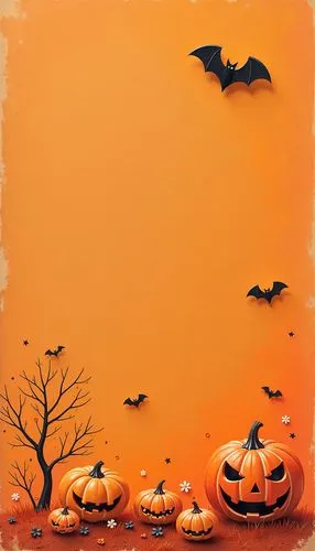 halloween wallpaper,
create a minimalist image of light orange background with cute small halloween theme elements





,a painting with three pumpkins in the middle and bats flying around,pumpkins,ha