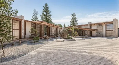 mexica villa, mediterranen charm, stone facades, spanish tile, playground, garden, pine trees, forest surrounding, resort, wood bims,bendemeer estates,driveway,paved square,mid century house,courtyard