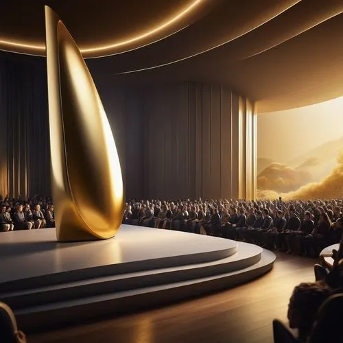 Zaha Hadid Prize, architecture award, gold trophy, sleek modern design, curved lines, dynamic shape, luxurious podium, spotlights, ceremony background, grand auditorium, applauding crowd, prestigious 