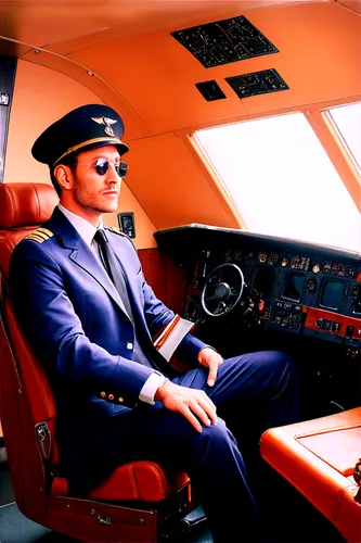 Inside aircraft, luxurious interior, wide-angle lens, cockpit view, pilot's seat, control panel, buttons and screens, captain's hat, aviator sunglasses, leather seats, wooden trim, carpeted floor, sof