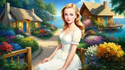 Romantic masterpiece oil painting, cute girl portrait, nostalgic 1950's style kitsch, vibrant seaside cottage landscape, lush tropical paradise, summer beach scenery, by Thomas Kinkade, by Bob Ross, h