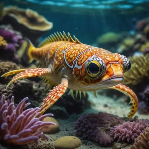 Photorealistic 4K representation in a variety of various different monochromatic colors and patterns of a non-terrestrial aquatic creature with two limbs, large compound eyes, (((Limacon shaped abdome