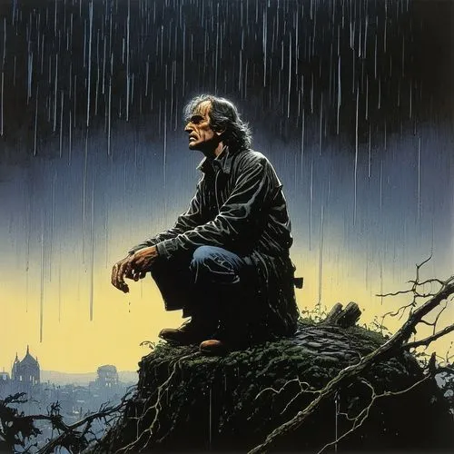 A person talking to rain
,a drawing of a man sitting on a cliff while it rains,struzan,tarkovsky,morricone,kinski,zhuangzi,kiarostami,rajinikanth,rainman,shunryu,hauer,spielberg,darabont,gringoire,man