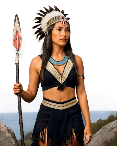 Native American, proud posture, feathered headdress, braided black hair, strong facial features, traditional tribal clothing, leather fringes, beaded accessories, holding a spear, standing on a rock, 