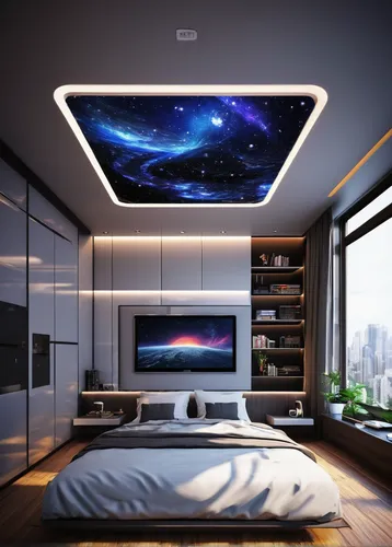 sky apartment,sky space concept,modern room,sleeping room,smart home,great room,canopy bed,ceiling light,ceiling lighting,modern decor,projection screen,ceiling fixture,ceiling lamp,ufo interior,home automation,ceiling construction,room divider,home cinema,interior design,ceiling-fan,Illustration,Japanese style,Japanese Style 12