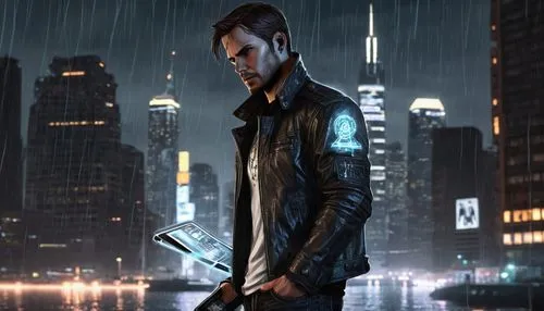 Aiden Pearce, cyberpunk, futuristic, male, solo, (25yo), messy short hair, brown eyes, sharp jawline, tattoos on arms, black leather jacket, white shirt, dark jeans, combat boots, holding a holographi