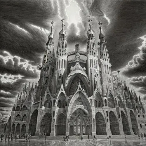 a very tall building that looks like it is built on a hill,willink,haunted cathedral,schuitema,schuiten,nidaros cathedral,notredame,Art sketch,Art sketch,Ultra Realistic