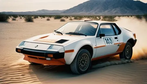 white and orange color, Renault Alpine A310, B-group rally car, location in the desert on a sand dune, noon time, hot and burning sun,stratos,desert safari,dakar rally,rallying,deserticola,desert run,