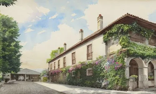 realistic sketch style with vegetation and flowers and watercolor and n,violet evergarden,l'isle-sur-la-sorgue,provence,aix-en-provence,townhouses,country hotel,private house,giverny,old village,old h