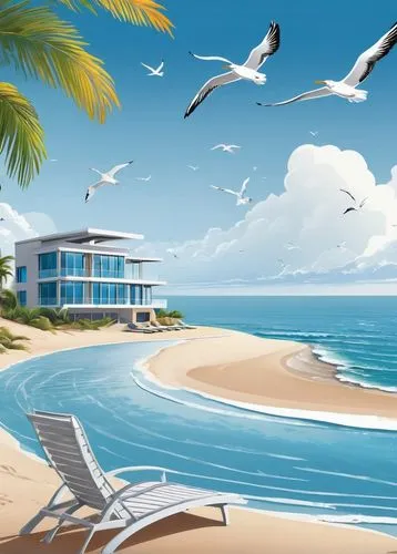 Coastal scenery, modern aluminum architecture, seaside villa, curved lines, reflective surface, silver metallic color, ocean waves crashing, seagulls flying overhead, sunny day, clear blue sky, few wh