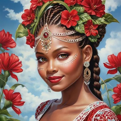 polynesian girl,west indian jasmine,african woman,african american woman,khokhloma painting,oil painting on canvas,indian art,radha,girl in a wreath,girl in flowers,african art,moana,beautiful african american women,flower painting,east indian,fantasy portrait,indian woman,african culture,boho art,polynesian,Photography,General,Realistic