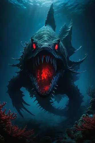 Abyssal beast, giant sea creature, underwater, dark blue bioluminescent skin, glowing red eyes, sharp teeth, massive fins, powerful tail, coral reef, seaweed, sunken shipwreck, eerie fog, dim lighting