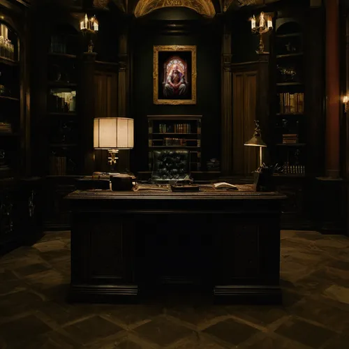 turn the external background part in to: a fantasy Renaissance office with a desk on the front,secretary desk,dark cabinetry,bookshelves,study room,rosewood,reading room,a dark room,clary,library,cabi