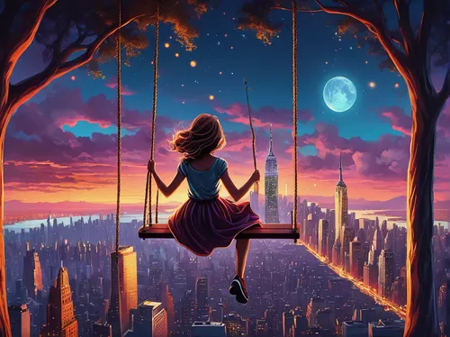 tightrope,rapunzel,tightrope walker,dream world,fantasy picture,alice in wonderland,dreams catcher,swing,hanging swing,sci fiction illustration,wonderland,hanging moon,tangled,world digital painting,fantasy world,fantasy city,imagination,skycraper,empty swing,sky city,Conceptual Art,Fantasy,Fantasy 21