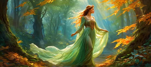 Once upon a time, in an enchanted forest, where the leaves danced to the rhythm of the wind, there were gentle whispers carried by the breeze. ,dryad,forest of dreams,faerie,elven forest,fantasy pictu