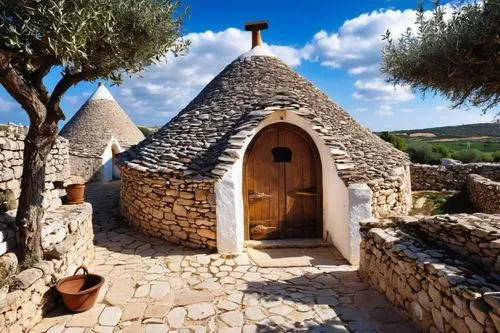 Ancient Trullo, prehistoric Apulian village, Italy, stone hut, conical roof, whitewashed walls, narrow windows, wooden door, rustic, ancient civilization, mysterious atmosphere, daytime, sunny sky, bl