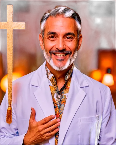 Pastor Aleman, mature man, white robe, golden cross, gentle smile, short grey hair, beard, kind eyes, warm skin tone, soft lighting, 3/4 composition, shallow depth of field, cinematic ambiance, warm c