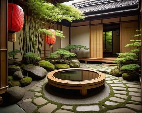 japanese zen garden,japanese-style room,ryokan,zen garden,ryokans,japanese garden ornament,japan garden,japanese garden,dojo,koi pond,kyoto,teahouse,asian architecture,bamboo plants,japanese shrine,fengshui,zen,tea ceremony,katsura,zuoyi,Illustration,Realistic Fantasy,Realistic Fantasy 12