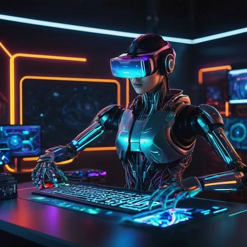 AI art generator, futuristic laboratory, solo, modern computer, multiple screens, wires, coding, complex algorithms, neon lights, dark background, subtle glow, holographic interface, virtual reality h