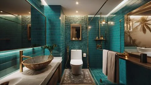 luxury bathroom,bath room,teal blue asia,spanish tile,contemporary decor,turquoise leather,glass tiles,interior modern design,interior decoration,ensuite,hammam,interior design,claridge,bathroom,brass