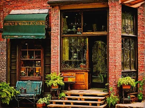 Paul's Place Antiques & Architectural Salvage, vintage store front, old wooden sign, distressed brick wall, worn stone steps, heavy metal door, ornate door handles, large glass windows, dim warm light