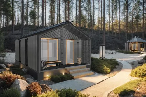 pine forest, afternoon, paths made of stones around, illumination with landscape lamps,a couple of small buildings on the side of a road,inverted cottage,small cabin,3d rendering,electrohome,prefabric